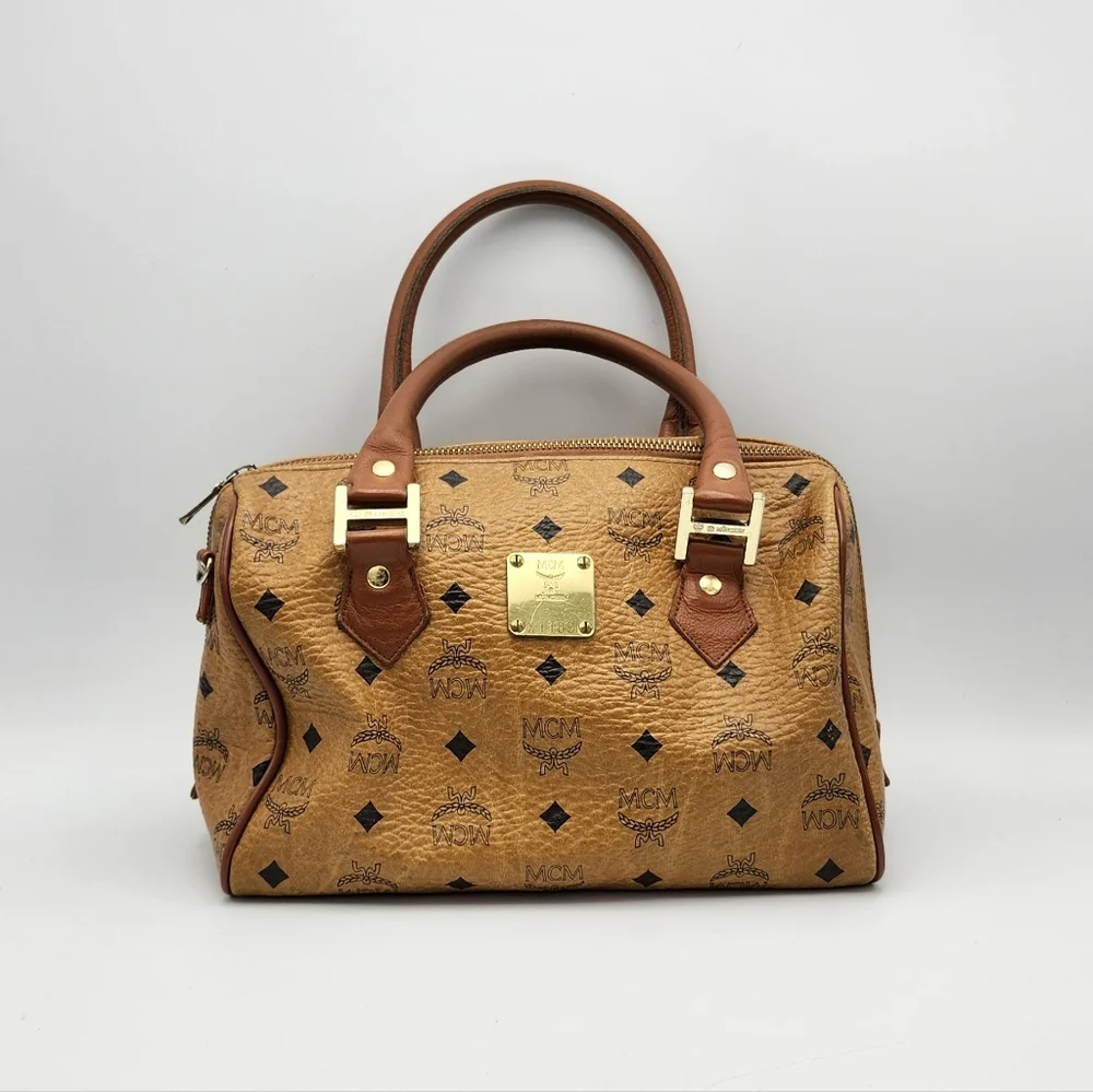 MCM Cognac Brown Monogram Satchel with Gold Hardware